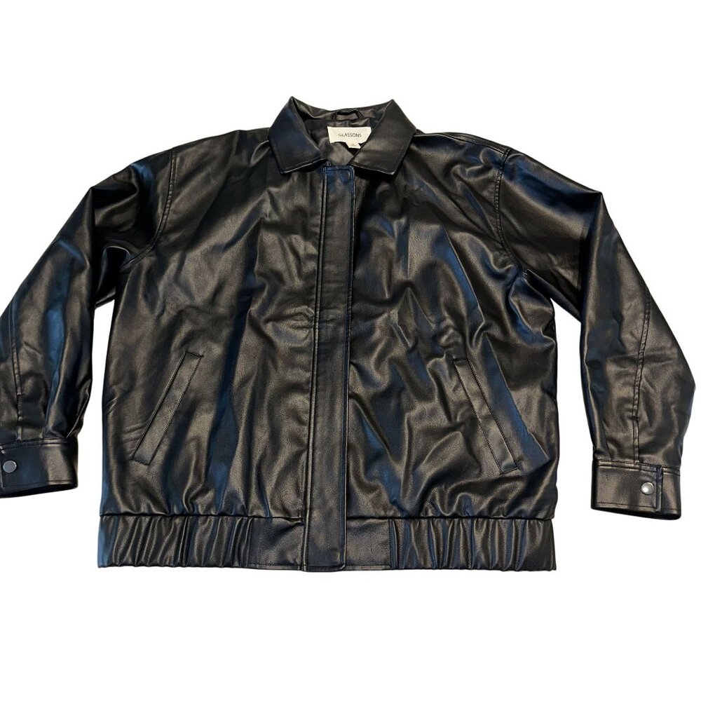 Glassons Black Faux Leather Full Zip Collared Bomber Jacket Women's Medium M